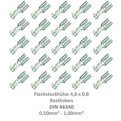 Flachsteckhülse 4,8x0,8 Kabelschuh unisoliert 0,5²-1,0² Rasthaken/Rastzunge 25