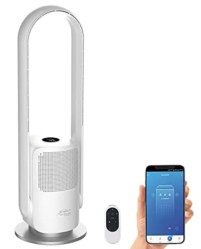 Sichler Haushaltsgeräte Turmventilator 2in1 mit Luftreiniger - Rotorloser 360°-Ventilator mit HEPA-Filter für saubere Luft und gezielte Erfrischung. WLAN-kompatibel mit App-Steuerung und zuschaltbarem Ionisator gegen Gerüche.