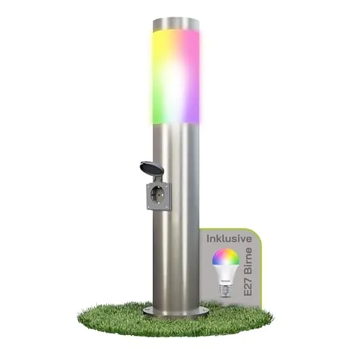 linovum BOSEA-S Außenleuchte mit Steckdose - Wegeleuchten – Praktische Edelstahl-Säulenlampe mit 50 cm Höhe und smarter RGB E27 Birne, ideal für Garten und Terrasse, inklusive Steckdose für Gartengeräte.