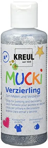 KREUL 24352 - Mucki Verzierling, Glitzersilber, 80 ml Flasche, glitzernde Kindereffektfarbe auf Wasserbasis, parabenfrei, glutenfrei, laktosefrei, vegan, auswaschbar