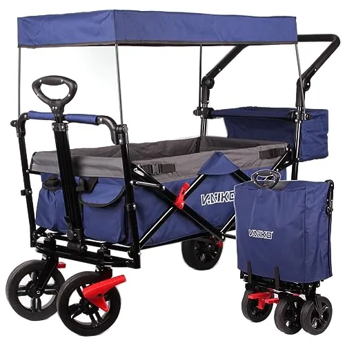 Bollerwagen Faltbar Handwagen Klappbar Gartenwagen mit Dach Transportwagen Gurte (Dunkelblau)