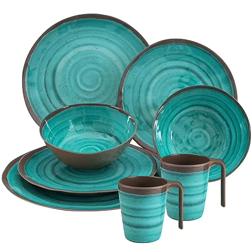 Melamin Geschirr Set 2 Personen Steingut Optik grün-braun 8 Teile Tassen