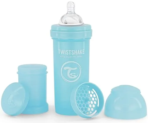 Twistshake Anti-Kolik Babyflasche mit Milchpulverbehälter und Mixer - 260 ml | Silikon-Brustwarze mit mittlerem Durchfluss | BPA-freie Babymilchflasche | Geeignet für Babys ab 2 Monaten | Blau