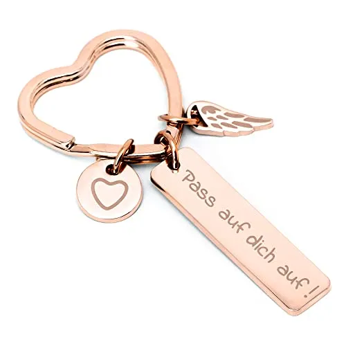 Glitzkind Herz Schlüsselanhänger »Pass auf dich auf!« | Auto-Schlüssel Glücksbringer Schutzengel Engel Anhänger Geschenk zum Führerschein Geburtstag Weihnachten Frauen Freundin Mama Tochter | Rosé