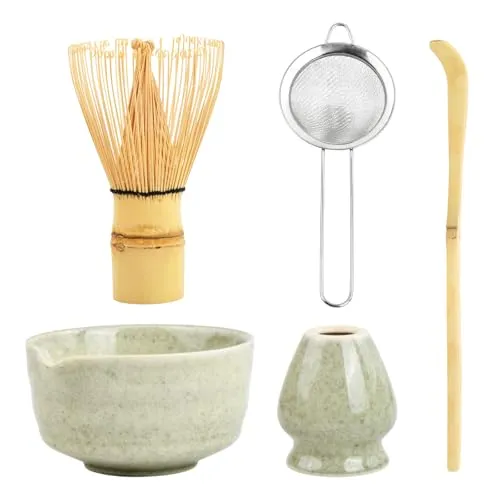 in 1 Matcha Set Japanisches Matcha Tee Set mit Matcha Besen, Matcha Schale mit Ausgießer, Matcha Schneebesen, Halter Handwerklich Matcha Tea Set aus Keramik Zubehör für Matcha-Zeremonie (Grasgrün) 5