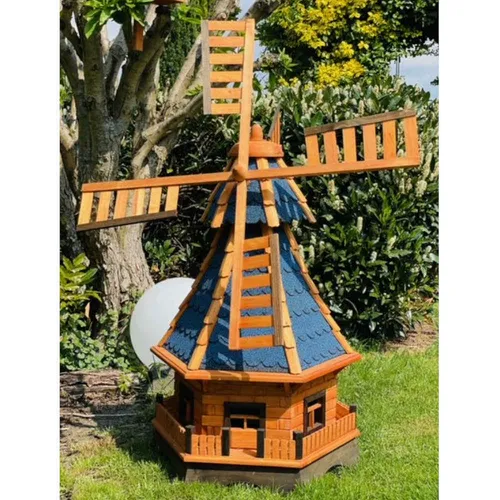DARLUX Sechseck Garten-Windmühle XXL aus Holz kugelgelagert Braun/Blau H-120 cm
