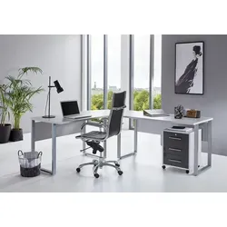 Winkelschreibtisch TABOR PRO inkl. Rollcontainer in lichtgrau / anthrazit Hochglanz - Grau