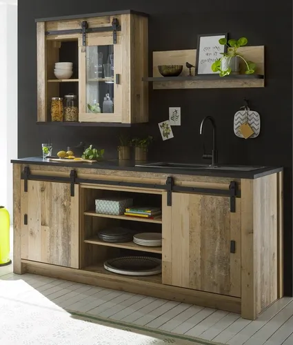 Furn.Design Küchenbuffet Stove – 3-teiliges Anrichte in Used Wood - Buffetschränke mit Schwebetüren, gefertigt aus FSC®-zertifiziertem Holz für nachhaltige Waldwirtschaft und einfache Montage.