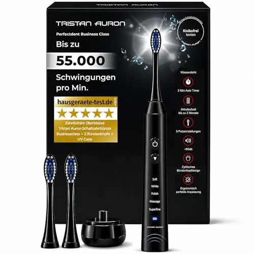 Elektrische Schallzahnbürste 55.000 VPM, 5 Modi, risikofrei 100 Tage testen | Tristan Auron schwarz, Beste Reisezahnbürste, Leistung & Überlegen, 60 Tage Akku, USB-Ladung, wasserfest, 2 Aufsteckbürsten