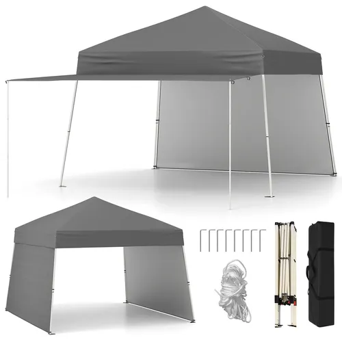 GOPLUS 430 x 280 cm Pop-up Pavillon mit 2 Seitenwänden, verstellbare Outdoor-Sonnenschutz tragbar mit 8 Heringen & 4 Windseilen, Grau