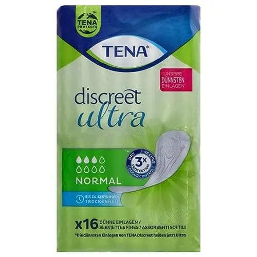 Tena Discreet Einlagen Ultra Normal, 16er Packung - Inkontinenzeinlagen für sicheren Schutz bei leichter Blasenschwäche. Die langen, dünnen Einlagen bieten bis zu 12 Stunden Trockenheit und schützen vor Auslaufen und Gerüchen.
