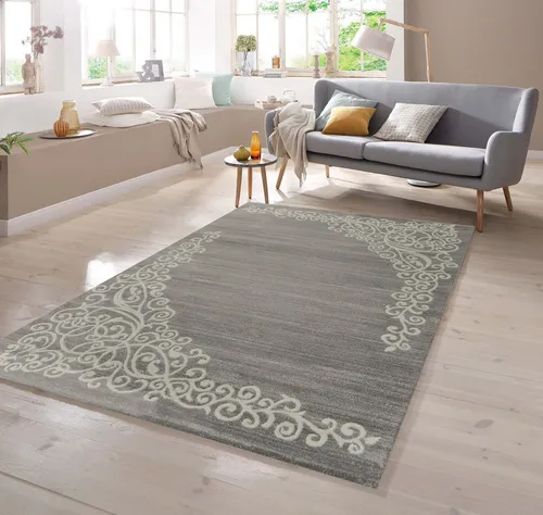 TeppichHome24 Moderner Teppich mit Floral Muster in Grau Creme - Teppich mit schmutzabweisendem, pflegeleichtem Material, ideal für Allergiker. Perfekt für Wohnzimmer und Schlafzimmer, bietet zeitlose Eleganz und ist fußbodenheizungsgeeignet.