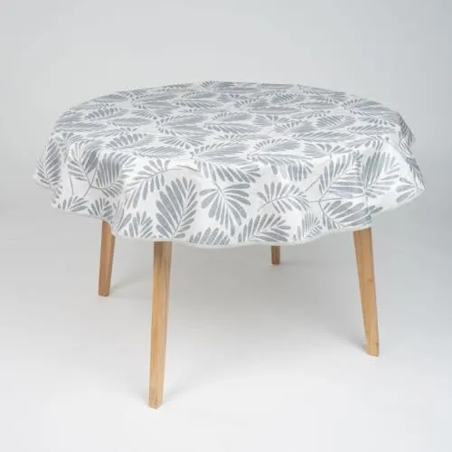 laro 140cm runde Wachstuch Tischdecke abwaschbar Wachstuchtischdecke mit Saum-Eingefasst-Paspelband, Muster:Blattwerk Grau Weiß, Größe: Rund 140cm