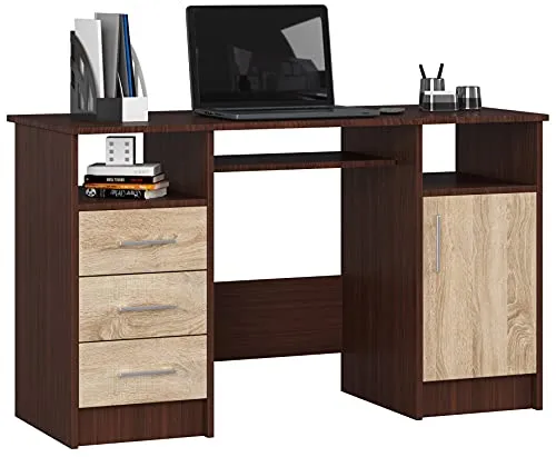 AKORD Schreibtisch ANA 124 cm | mit 1 Tür und 3 Schubladen | Office Desk | Computertisch | Bürotisch | PC-Schreibtisch | B124 x H74 x T52 cm | Gewicht 46,40 kg | Wenge/Sonoma Eiche