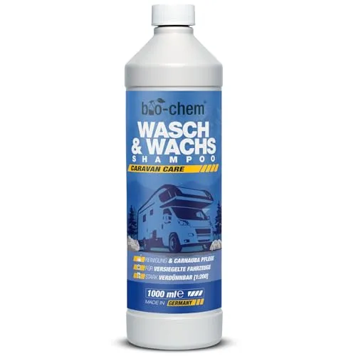 bio-chem Caravan Wasch & Wachs Shampoo 1L Konzentrat speziell entwickelt für versiegelte Oberflächen - Wohnwagen Reiniger außen mit Carnaubawachs - Caravan Reiniger