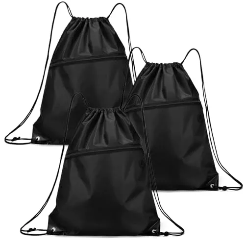 DASHUI 3 Stück Rucksack mit Kordelzug, Turnbeutel Schwarz Sportbeutel, sportbeutel mit Kordelzug, Verstellbar Gym Bag Gymsack mit Reißverschluss außen für Sport und Reisen