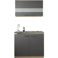 Respekta Pantryküche Set 5 - Grau, 100 cm - Küchenmöbel-Set 5 mit Spülenunterschrank, Oberschrank mit Glaseinlagen und Edelstahlkochmulde. Modernes Design in Grau mit Eiche Säge Korpus, ideal für kleine Küchen.