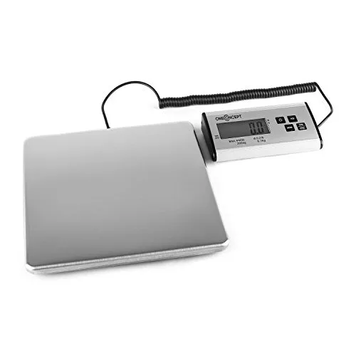 oneConcept Marketeer - Digitale Paketwaage mit Edelstahlplattform - Briefwaage mit einem Wiegebereich von 200 kg und Ablesbarkeit von 50 g, ideal für den professionellen Paketversand. Großes Display für einfache Ablesbarkeit und rückenschonendes Arbeiten.