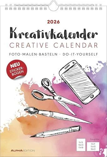 Alpha Edition - Kreativ-Kalender A4 Weiß 2026 – Bastelkalender (21×29,7 cm) mit Platz für Fotos & individuelle Gestaltung, inkl. Stickerbogen, weißer Hintergrund, ideal zum Malen & Basteln