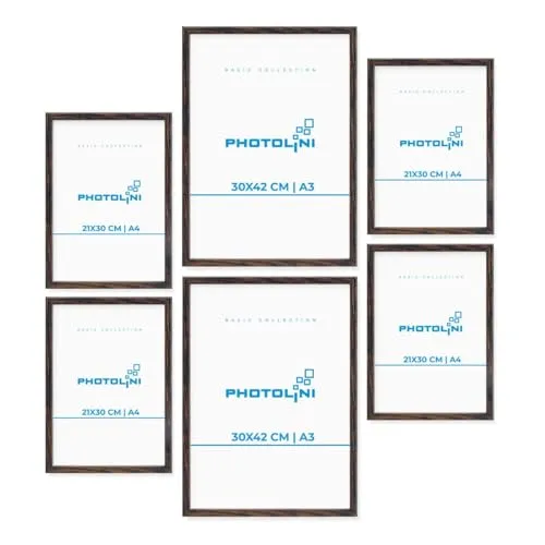 PHOTOLINI Bilderrahmen 6er Set Modern Schmal 30x42 cm / A3 und 21x30 cm / A4 - Einzelrahmen-Set für kreative Bilderwände, modernes Design in Eiche Dunkel, inklusive Zubehör für einfache Montage und individuelle Gestaltung.