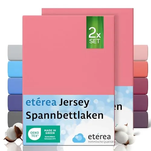 etérea Jersey 2er Set Spannbettlaken 80x160cm - 80x180cm Rosa bis 20 cm Höhe - 100% Baumwolle Spannbetttuch Oekotex - Kinder Doppelpack Bettlaken 80x160 cm - 80x180 cm - Rose
