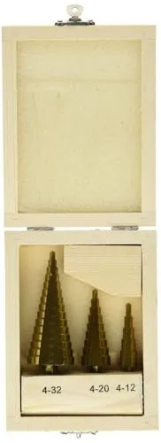 Produktbild Brüder Mannesmann Stufenbohrer-Set 3-tlg., HSS titanbeschichtet, für präzise Bohrungen in Blech und Edelstahl, langlebig und robust, für Profis und Heimwerker, mit Holzkassette, Ø 4–12 mm | M54603
