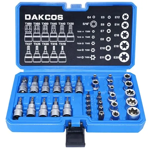 DAKCOS 34tlg Innen Außen Torx Steckschlüssel und Bit Satz Sechskant | E4-E20 Nuss | T10-T60 Torxsatz | Stecknüsse Biteinsätze Nusssatz | Nüsse aus CR-V | Bit aus S2