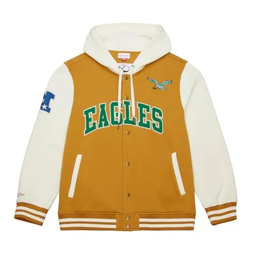 Mitchell & Ness NFL Vintage College Jacke Philadelphia Eagles - Unisex - Hochwertige NFL Vintage College Jacke mit Kapuze und Druckknopfverschluss, ideal für jede Jahreszeit. Komfortables Fleecefutter und praktische Details machen sie zum perfekten Begleiter für Freizeit und Sport.