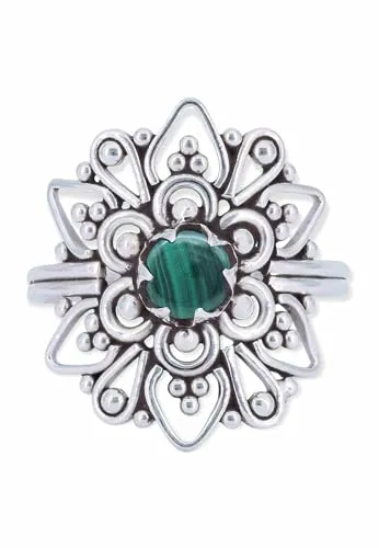 mantraroma Silber Ring Damen 925 Malachit Edelstein grün ausgefallen verspielt
