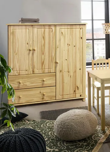 Möbilia Hoch-Kommode | Kiefer-Holz mit 3 Türen und 2 Schubladen