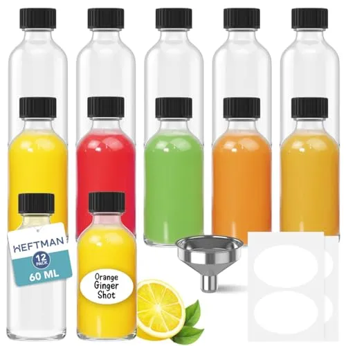 HEFTMAN Glas-Schnapsflaschen mit Deckel, 60 ml, mit 3 Trichtern und Etiketten, wiederverwendbare Ingwer-Schnapsflaschen, leer, transparent, luftdicht, Mini-Flaschen für Ingwer-Shots, Saft, Öle, Likör,