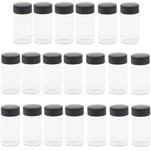 KAHEIGN 20Pcs Durchsichtige Glasfläschchen, 20 ml 2/3-Unzen Probenglasflaschen mit Kunststoff Schraubverschluss und Schwarze Kappe, Transparenter Laborfläschchen Behälter