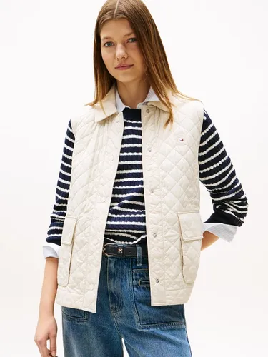 Tommy Hilfiger Damen Weste Padded Nylon Slim Quilted, Elfenbein (Newsprint), XL - Stilvolle Tommy Hilfiger Weste mit warmer Füllung und Rautensteppung. Leicht und bequem, ideal für Übergangszeiten und jeden Anlass. Hergestellt aus 100% recyceltem Nylon, pflegeleicht und umweltbewusst.