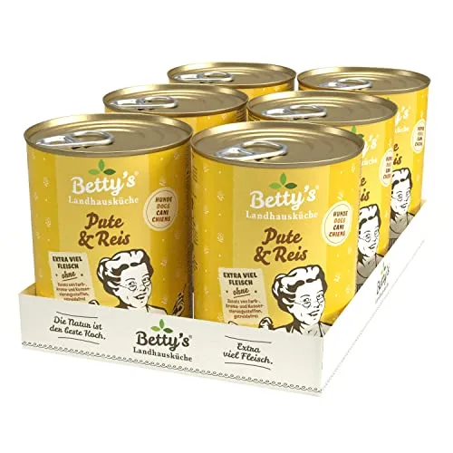 Betty's Landhausküche Hund Pute & Reis 6 x 400 g Für alle Hunderassen geeignet Hohe Bioverfügbarkeit Wir achten auf Beste Qualität