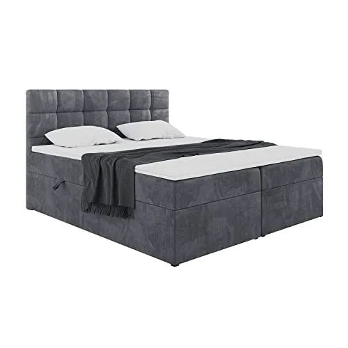 MEBLINI Boxspringbett mit Bettkasten - Gepolstert Doppelbett mit Matratze und Topper - Polsterbett mit Stauraum - Bett mit Kopfteil - Stauraumbett - TAPO 2-140x200 - H3/Dunkelgrau Samt