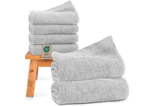 Hausfelder Saunatuch Set - 2 Saunatücher & 4 Handtücher Hellgrau - Saunahandtücher aus 100% Baumwolle, hautfreundlich und saugstark. Ideal für Sauna, Strand oder Sport mit XXL-Größe für ultimativen Komfort.