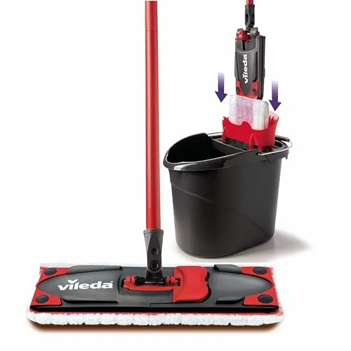 Vileda Ultramax Care Sensitive Komplett Set | Bodenwischer mit Mikrofaserbezug & Stiel – Eimer mit Auswringfunktion mit PowerPresse| Für empfindliche Böden wie Parkett & Laminat - Hygienisch