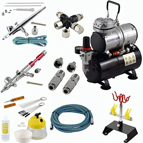 Agora-Tec® Airbrush PROFI-Set -Edition-2019-red - Komplettes Airbrush Set mit energiesparendem, leisen Kompressor (47db) und hochwertigen Pistolen für präzise Anwendungen in Modellbau, Makeup und mehr. Ideal für kreative Projekte!