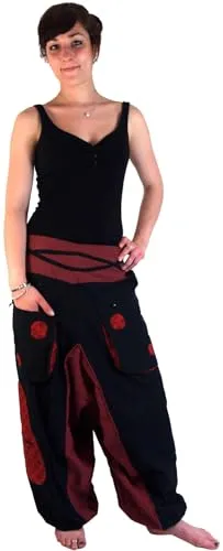 GURU SHOP Haremshose Pluderhose Pumphose - Schwarz/rot - Damen-Hosen, super bequeme Afghanihose aus Baumwolle mit weit ausgestellten Beinen und elastischem Gummizug für optimalen Tragekomfort.