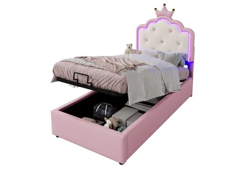 REDOM Polsterbett Gästebett mit LED-Umgebungslicht - Polsterbett für Kinderzimmer, mit stilvollem LED-Licht und hydraulischem Stauraum, ideal für Mädchen und kleine Räume, Maße: 90 x 200 cm, ohne Matratze.