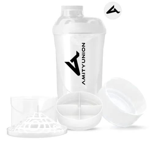 Eiweiß Shaker 700 ml mit 2 Tabletten und Pulver Fächer - Deluxe Protein Shaker, BPA frei mit Sieb und Skala für Whey und BCCA Shakes, Gym Fitness Becher für Isolate und Diät Sport Konzentrate Weiß Cup