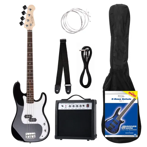 Rocktile Groover's Pack PB E-Bass Komplettset Schwarz - Gitarren Komplettset mit E-Bass, Verstärker, Tasche, Kabel und lehrreicher DVD – alles für Einsteiger und Hobby-Musiker!