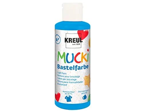 KREUL 24111 - Mucki Bastelfarbe für Kinder, 80 ml in blau, Kindermalfarbe auf Wasserbasis, parabenfrei, glutenfrei, laktosefrei und vegan, auswaschbar, vermalbar mit Pinsel und Schwamm