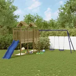 vidaXL Spielturm aus imprägniertem Kiefernholz - Entdecke den perfekten Spielturm für deinen Garten! Aus robustem Kiefernholz gefertigt, bietet dieser Spielplatz mit Rutsche, Schaukeln und Sandkasten unendlichen Spaß für Kinder von 3-8 Jahren.