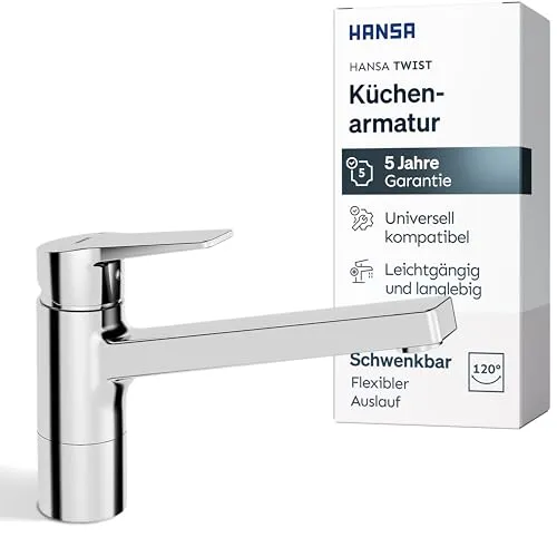 Hansa HANSATWIST Spültisch-Einhand-Einlochbatterie - Küchenarmatur mit eleganter Chrom-Oberfläche und einer Durchflussmenge von 9 l/min bei 3 bar, ideal für effizientes Arbeiten in der Küche.