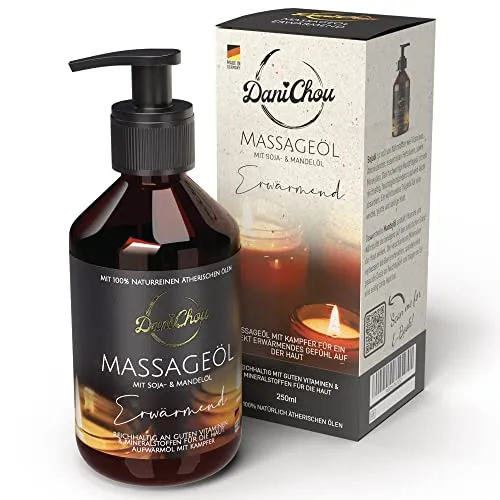 DaniChou Massageöl Erwärmend 250ml - Mit Sojaöl & Mandelöl - Direkt wärmendes, entspannendes Gefühl - 100% Naturkosmetik & ätherische Öle - Massage Öl mit Kampfer - Für eine intensive Entspannung