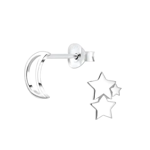 Monkimau - Mond Stern Ohrringe, Ohrstecker, Ohrschmuck - aus 925 Sterling Silber - für Damen und Mädchen - handgefertigt, hypoallergen und kleine Geschenkidee