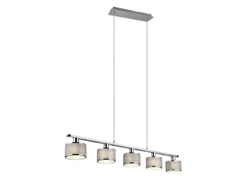 TRIO Leuchten LED Pendelleuchte, 5-flammig, Dimmfunktion, warmweiß - Hängeleuchten für Esstische und Kücheninseln, modernes Design mit chromfarbenem Metall und grauen Stoffschirmen, inklusive dimmbaren LED-Leuchtmitteln für individuelle Lichtstimmung.