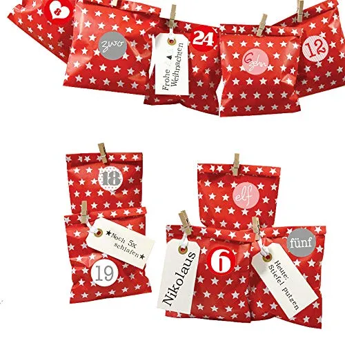 Frau WUNDERVoll® DIY Adventskalender zum Befüllen Bescherung: Set Stern 127, Papiertueten flach 13x16,5cm, rot Stern, Ziffern rosa-rot