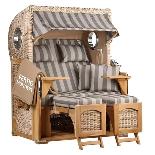 MR.DEKO Strandkorb Düne Bullauge Teak PE Shell, 2-Sitzer - Strandkorb aus massivem Teakholz mit Bullaugen und exklusivem PE-Geflecht für stilvolle Entspannung im Freien. Inklusive ausziehbaren Fußstützen und komfortabler Polsterung.